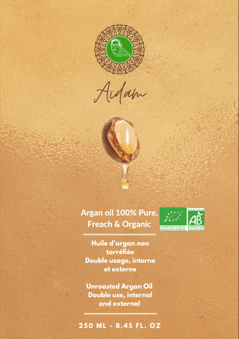 Huile d'argan non torréfiée bio 250 ml dans une bouteille en verre ambré avec bec verseur