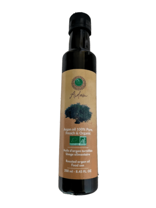 Huile d'argan torréfiée bio 250 ml dans une bouteille en verre ambré avec bec verseur