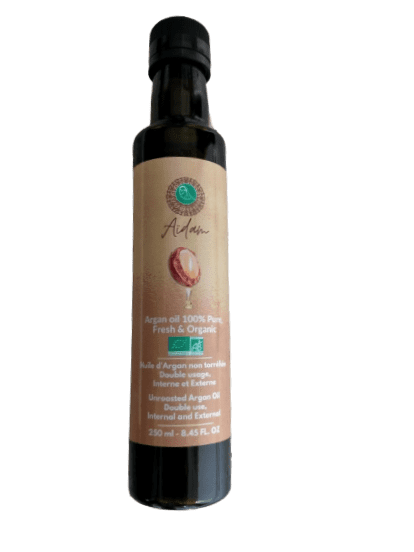 Huile d'argan non torréfiée bio 250 ml dans une bouteille en verre ambré avec bec verseur