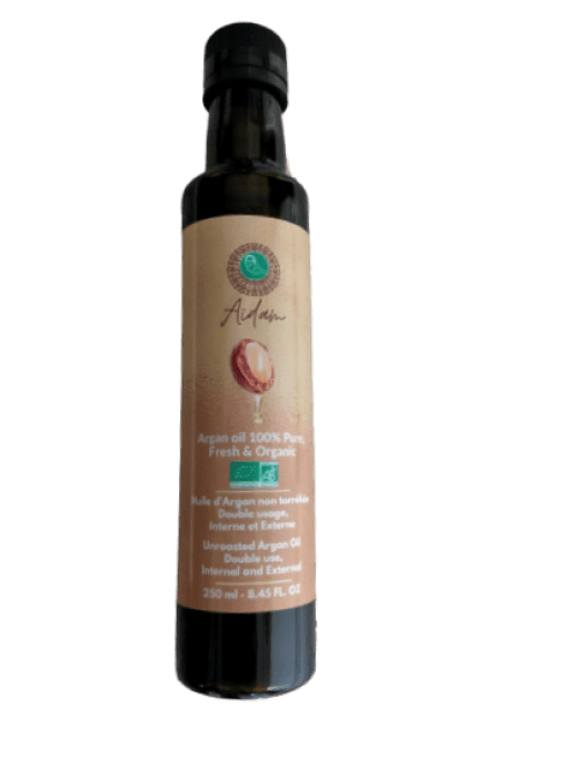 Lot de deux bouteilles d'huile d'argan non torréfiée bio 250 ml (des bouteilles en verre ambré)