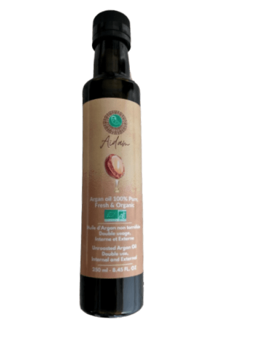 Huile d'argan non torréfiée bio 250 ml dans une bouteille en verre ambré avec bec verseur